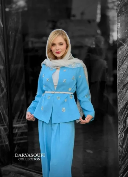 کت و‌ شلوار جواهر دوزی فیروزه